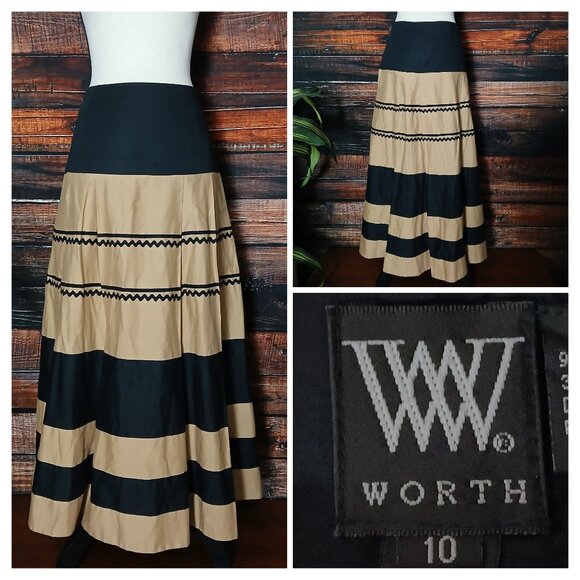 Worthington Maxi Skirt Size 10 Pleated Black Tan Striped Side Zip Lined Pockets - Picture 1 of 7